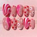 30Pcs Short Almond Press on Nails Valentines Fake Nails with Flower Love Heart Stripe Design Pink Full Cover False Nails Valentines Heart Nails Press ons Full Cover Artificial Stick on Nail for Women