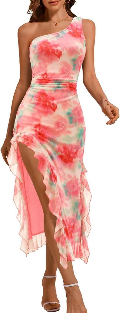 DRESSTELLS Women Formal Wedding Guest Long Cocktail Party One Shoulder Mesh Ruched Bodycon Maxi Ruffle Slit Dress, S