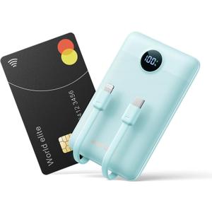 Mini Portable Charger with Built-in Cables 22.5W Fast Charging Power Bank USB-C Small Battery Pack 10000mAh Travel Essential Slim Battery for iPhone, Samsung, Android, and More (Blue)