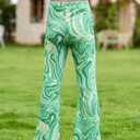 WDIRARA Girl's Printed High Waist Flare Leg Ribbed Knit Elastic Waist Casual Long Pants Green 8Y