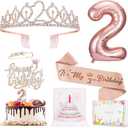 2nd Birthday Decorations for Baby Girls, Including 2 year old Birthday Cake Topper, Birthday Queen Sash with Pearl Pin, Sweet Rhinestone Tiara Crown, Number Candles and Balloons Set, Rose Gold