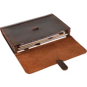 Genuine Leather File Folder, Accordian File Organizer, Leather Document Holder Resume Folio for Men & Women - Dark Brown (Non Custom)
