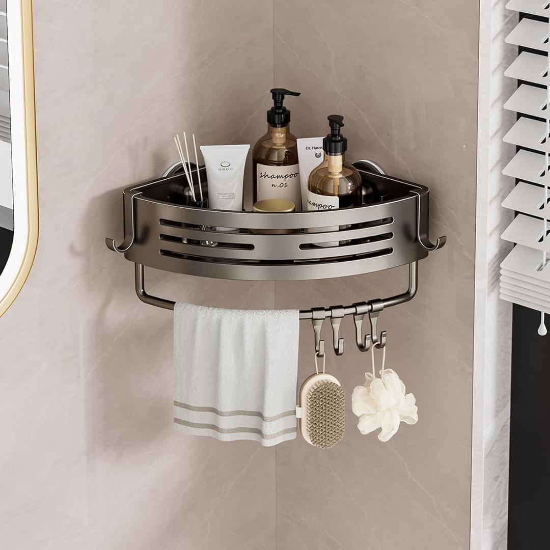 Shower Caddy Suction Cup, No Drilling Rustproof Bathroom Shower Shelf,Corner Shower Shelves with 6 Portable Hooks, Removable Bath Organizer with Towel Bar for Bathroom Hanging Storage(Gray) (Triangle storage rack with pole)