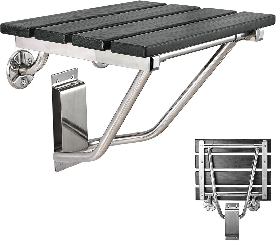 Folding Shower Seat and Bench Wall Mounted, Shower Chair Foldable, Shower Stool Collapsible for Inside Shower Bathroom Bathtub Small Space, 350lb Capacity (Plastic Wood Black)