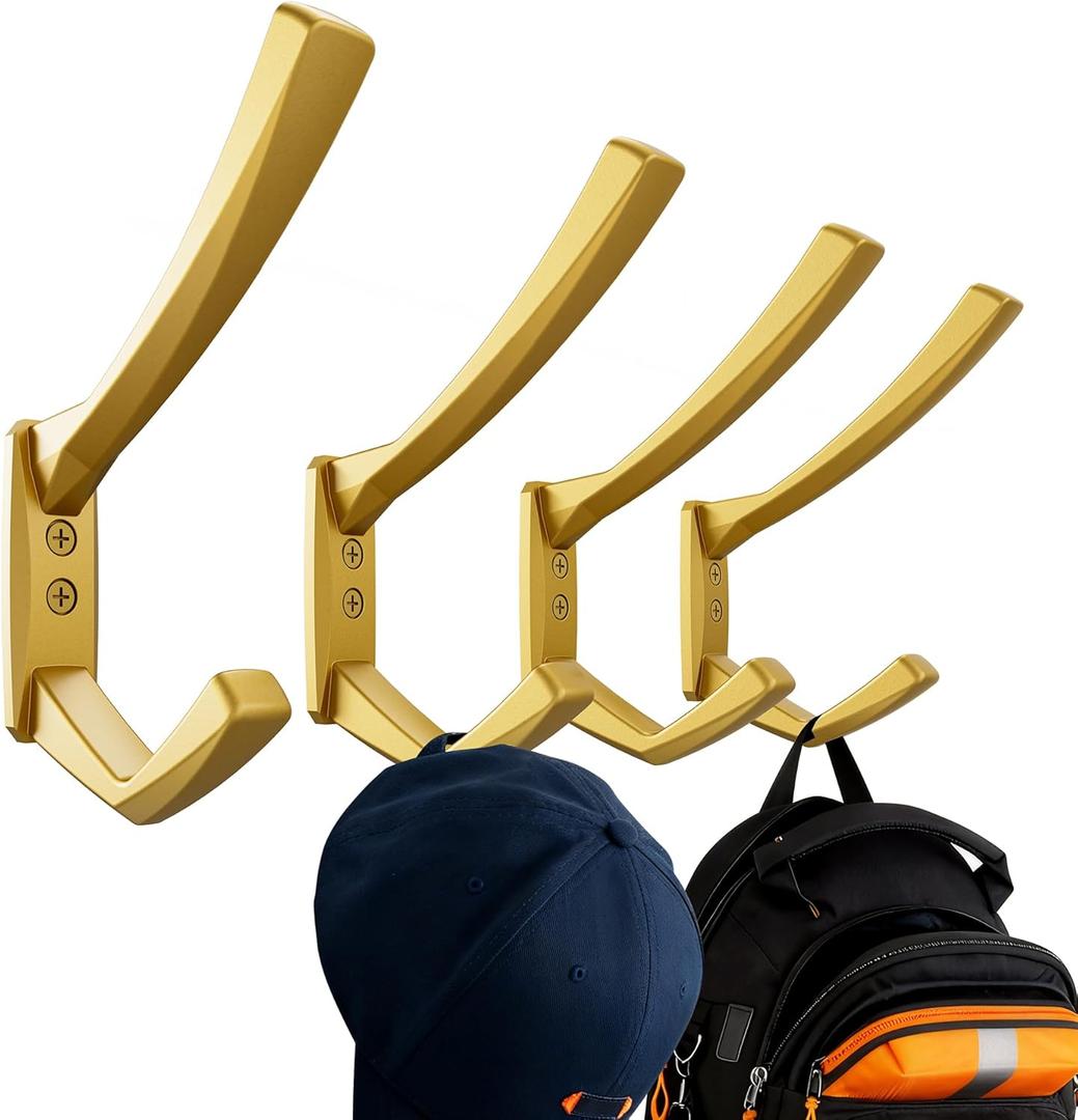 Heavy Duty Wall Hooks, 5 Inch Large Wall Mount Hooks for Hanging Heavy Backpacks, School Bags, Winter Coat, Handbags, Purses in Entryway, Hallway, Garage, Bathroom, Laundry (4, Gold)