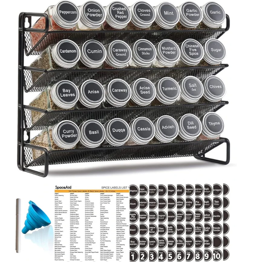 SpaceAid Spice Rack Organizer with 28 Spice Jars, 386 Spice Labels, Chalk Marker and Funnel Set for Cabinet, Countertop, Pantry, Cupboard or Door & Wall Mount - 28 Jars, 13.4" W × 10.8" H, Black