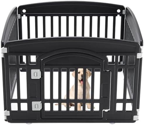 Sweetcrispy Plastic Dog Playpen, 4 Panel 24" Expandable & Durable Pet Fence for Small to Medium Dogs - Indoor & Outdoor Portable Puppy Playpen with Secure Locking Door - Black