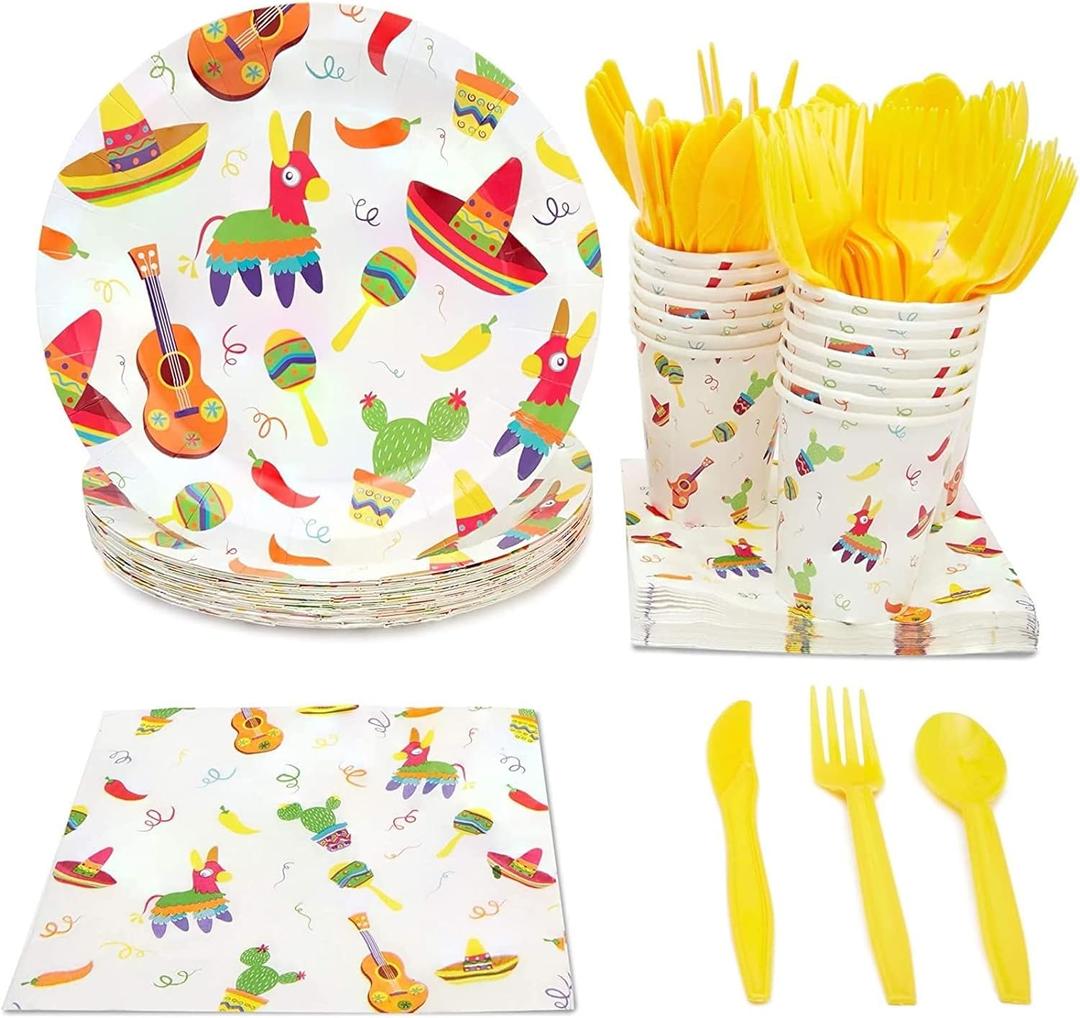 BLUE PANDA 144 Piece Let's Fiesta Dinnerware Set for Cinco de Mayo Party Supplies, Taco Tuesday Decorations (Serves 24)