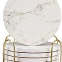 6 Pack White Marble Coaster Set with Holder Absorbent Drink Coasters Ceramic Cute Coaster Bar Dining Coffee Table Accessories Decor Gift Funny Cup Stone Modern Costers Cool Desk Beer Cork Coasters