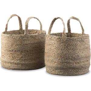 Signature Design by Ashley Brayton Jute 2 Piece Braided Basket Set With Handles, Large Basket 14" W x 14" D x 11" H, Medium Basket 12" W x 12" D x 10" H, Light Brown