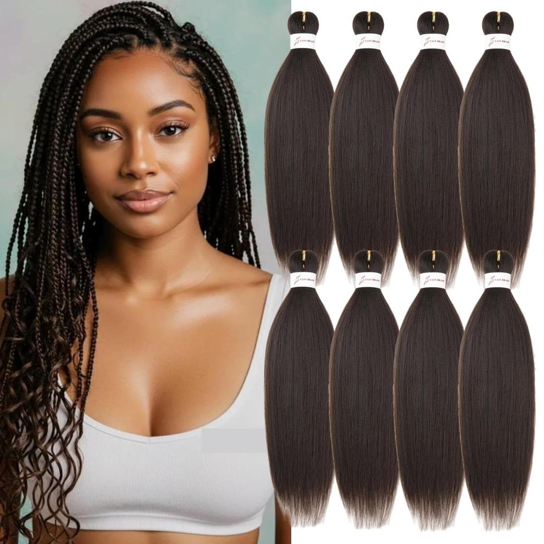Braiding Hair Pre Stretched 24 Inch Dark Brown Braiding Hair Hot Water Setting 8 Packs Professional Pre Stretched Braiding Hair Extensions Synthetic Fiber (24Inch,4#).