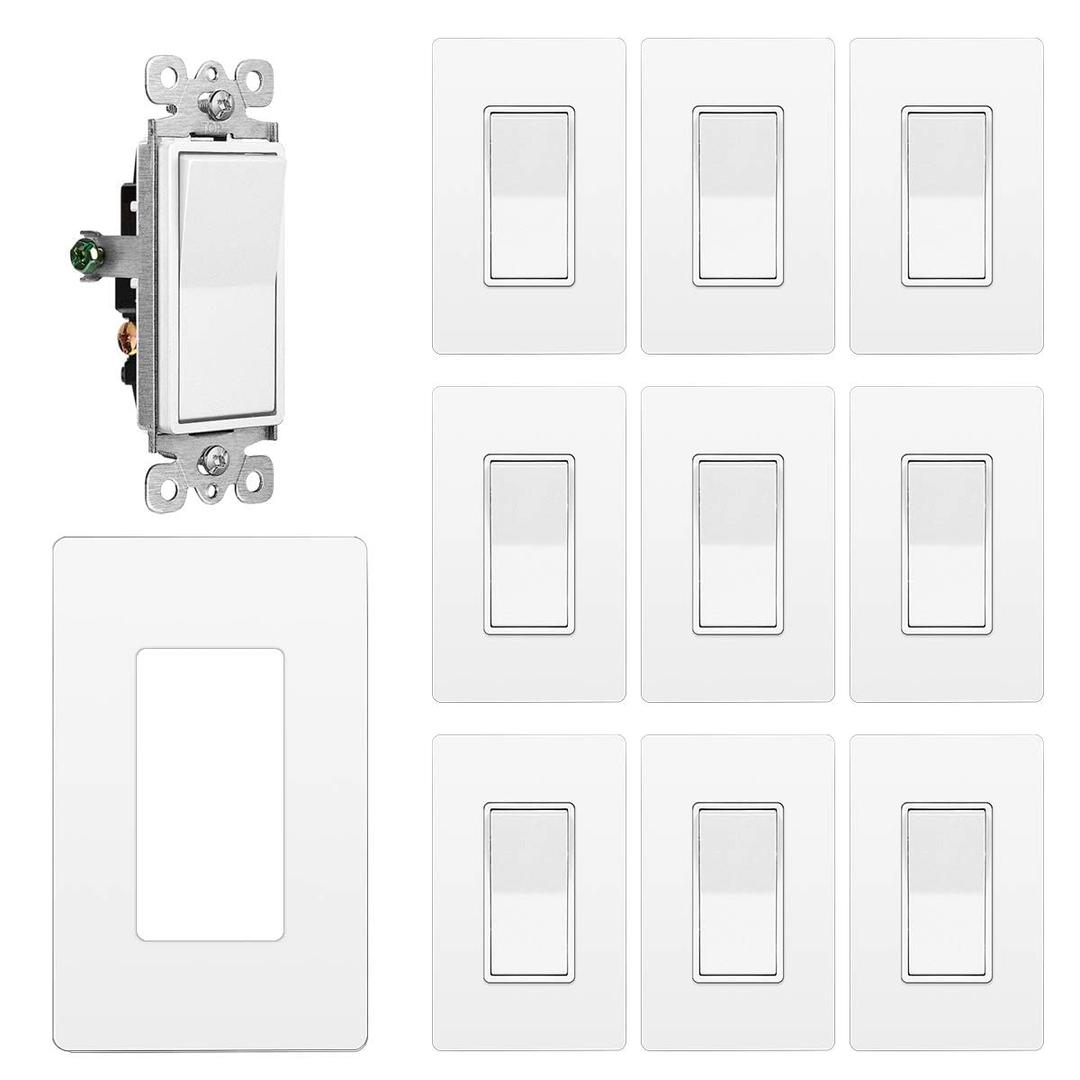 CML 3 Way Wall Light Switch, 10 Pack Decorator Rocker Paddle Interrupter, Single Pole or Three Way, 15A 120/277V, Screwless Wallplate Included, UL Listed, White