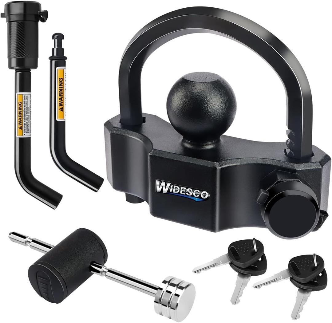 Keyed Alike Heavy Duty Trailer Coupler Lock Set - Trailer Ball Lock Fits 1-7/8", 2'' 2-5/16" Coupler, with 1/2'' and 5/8" Dia Dual Bent Pin Hitch Lock and Adjustable Coupler Latch Lock, Black