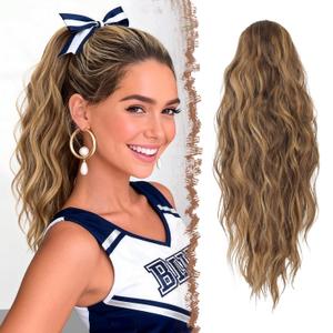 FESHFEN Ponytail Extensions - Drawstring Ponytails Hair Extension Long Curly Wavy Hair Piece Synthetic Pony Tail Hairpieces for Women, Golden Brown Mix Blonde 18 inch