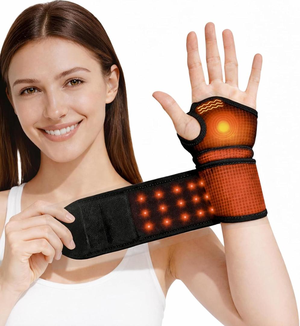 Red Light Therapy for Wrist, Carpal Tunnel Support Device with Heat Vibration, Wrist Massager with 36 LED 660nm/850nm, Cordless Heating Pad Wrap, 3000mAh Rechargeable for Hand Comfort Daily Relaxation (Black)
