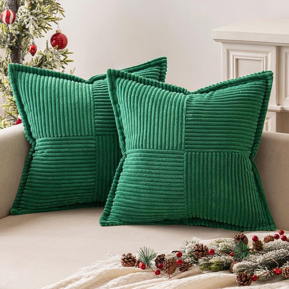 MIULEE Corduroy Pillow Covers with Splicing Set of 2 Super Soft Boho Striped Pillow Covers Broadside Decorative Textured Throw Pillows for Couch Cushion Livingroom 18x18 inch Emerald Green