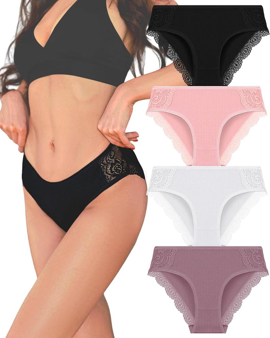 FINETOO Cotton Underwear for Women Sexy Lace Bikini Panties Low Rise Soft Stretch ladies Cheeky Hipster 4 Pack(4A, M)
