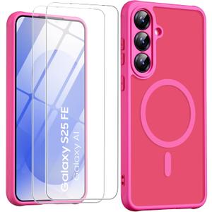 Magnetic for Samsung Galaxy S25 FE Case with Screen Protector 2X,Compatible with MagSafe,Phone Case Slim Hard PC Silicone Bumper Shockproof Protective Cover for Samsung S 25 FE 5G,Hot Pink