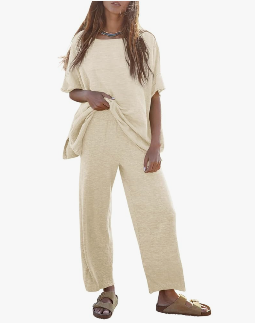 Tankaneo Women's 2 Piece Travel Outfits Casual Short Sleeve Knit Sweater Set Wide Leg Pants Lounge Sets Tracksuit, L