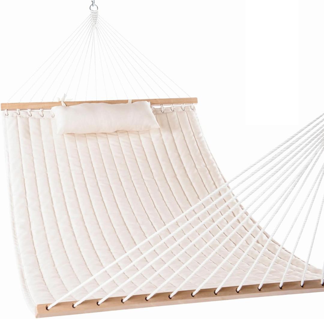 Lazy Daze Hammocks 12 FT Double Quilted Fabric Hammock with Spreader Bars and Detachable Pillow, 2 Person Hammock for Outdoor Patio Backyard Poolside, 450 LBS Weight Capacity, Natural