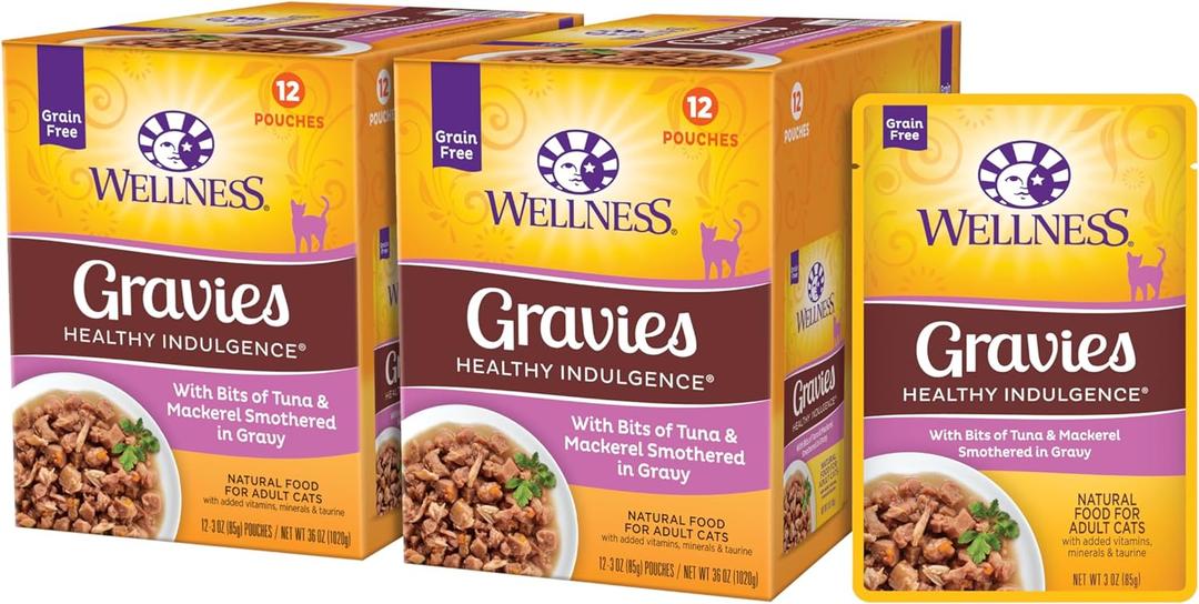 Wellness Healthy Indulgence Gravies Adult Wet Cat Food, Natural, Protein Rich, Grain Free, Tuna and Mackerel Recipe, 3 oz, Pack of 24 Pouches (EXP 05/19/29)