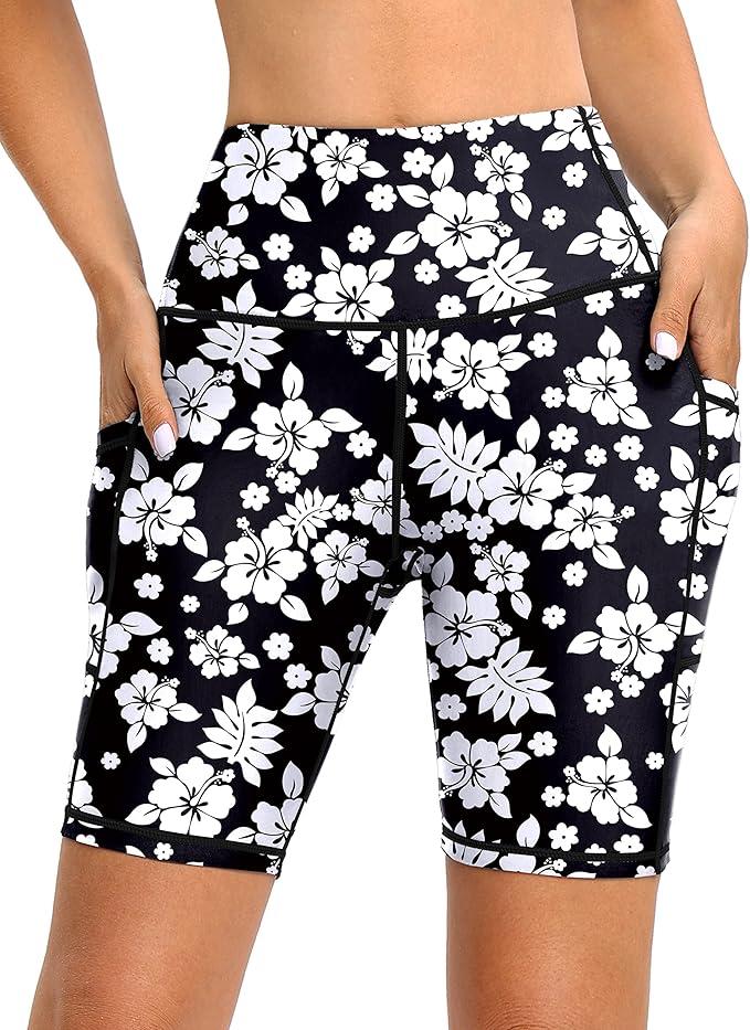Blouty Women's 5''/7''/9'' Swim Shorts UPF 50+ High Waisted Board Shorts with Pockets Liner Quick Dry Swimsuit Bottoms (White Flower)