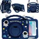 3D Cute Press Astronaut Case for Samsung Galaxy Tab A9 8.7 inch 2023 SM-X110/X115/X117,Kawaii Cartoon Character Space Soft Silicone Rotating Stand Case with Lanyard for Kids Teens Girls Women