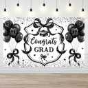 Coquette Congrats Grad Backdrop Black Bow 2025 Graduation Photography Background Coquette Theme Class of 2025 Graduation Party Banner Balloon Heart Photo Props 6x3.6ft