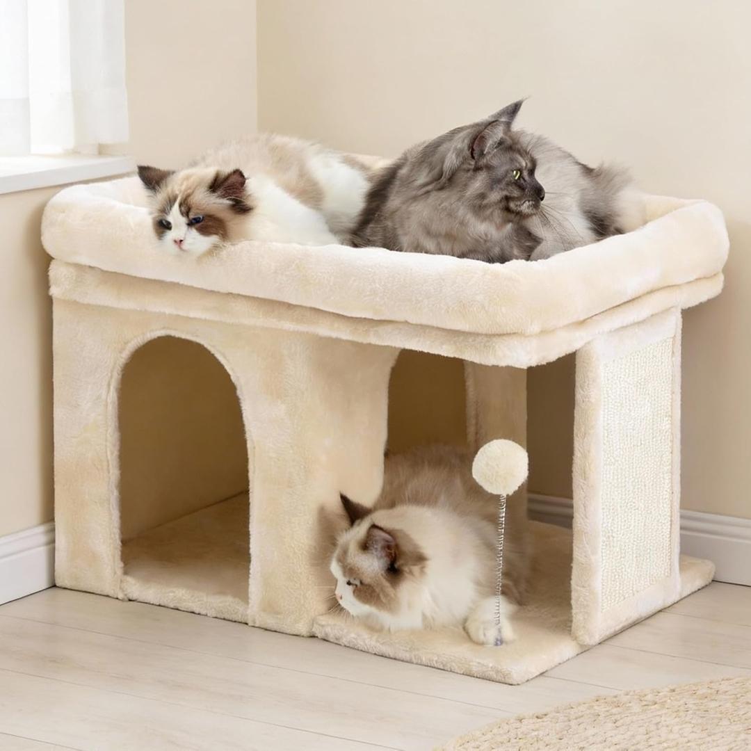 Heybly Cat Tree, 14 inch Cat Tower with Large Perch Bed and Cat Condo for Indoor Cats Large Adult, Cat House with Scratching Posts and Interactive Spring Balls for Your Kittens, Beige HCT203SM
