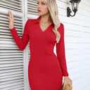 VICHYIE Women Lapel Neck Ribbed Bodycon Tight Fall Dress Long Sleeve Mid Thigh Pencil Above Knee Dresses (Red, M)