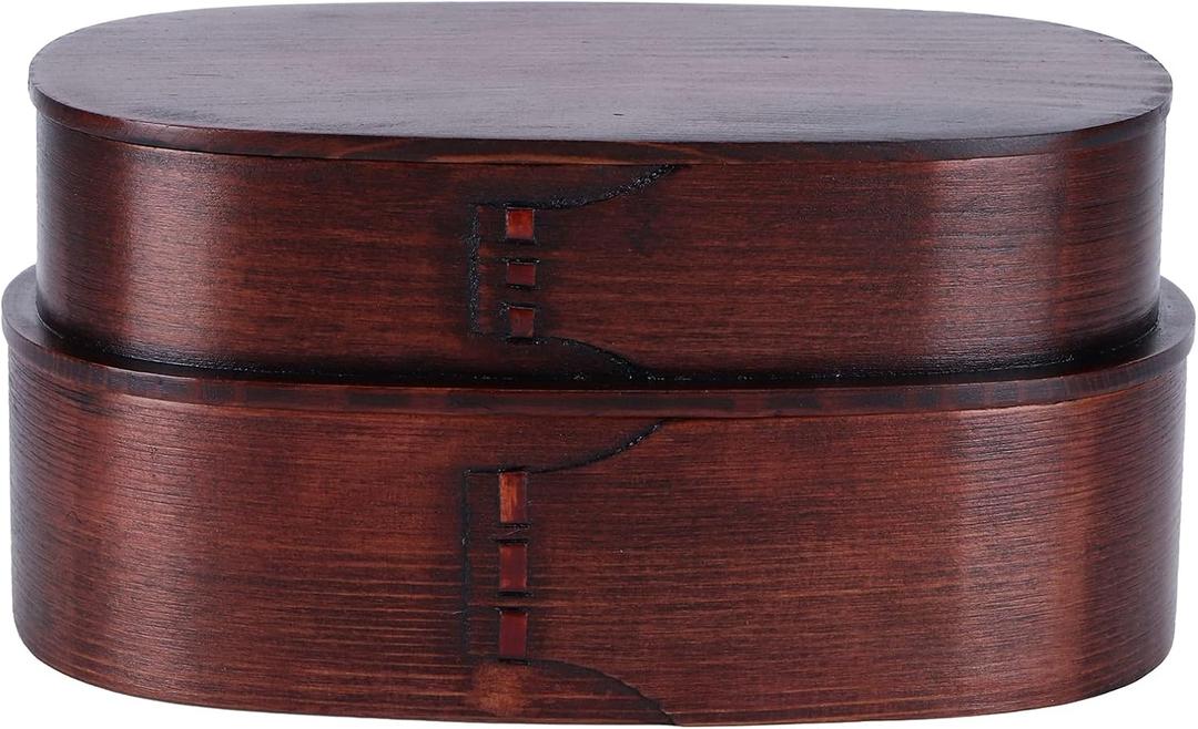 Lunch Box, Portable Sushi Box Rice Round Container Wooden Double Layers Food Storage Container for Office Travel (19 * 10 * 9.5 Old Paint Double Layer Lunch Box)