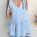 Acelitt Womens Summer Sleeveless Striped Dresses Casual Loose V Neck Flowy Ruffle Babydoll Dress Beach Vacation Sundress (Blue, M)