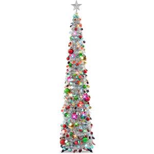 N&T NIETING Pop Up Christmas Tree with Lights, Collapsible Tinsel Xmas Tree Decorations, Pencil Christmas Tree Skinny Tree for Holiday Xmas Home Office Decor, 40 Balls, 6Ft, Silver