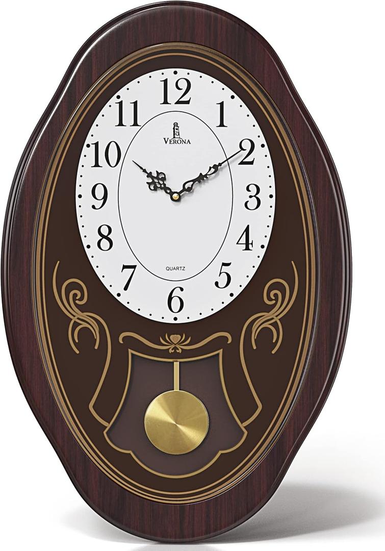 Musical Wall Clock with Pendulum - Oval Pendulum Wall Clock with Melodies & Westminster Chimes - Chiming, Battery Operated & Made of Wood for Living Room, Office, Home Decor & Gift (Color: Dark Wood Oval)