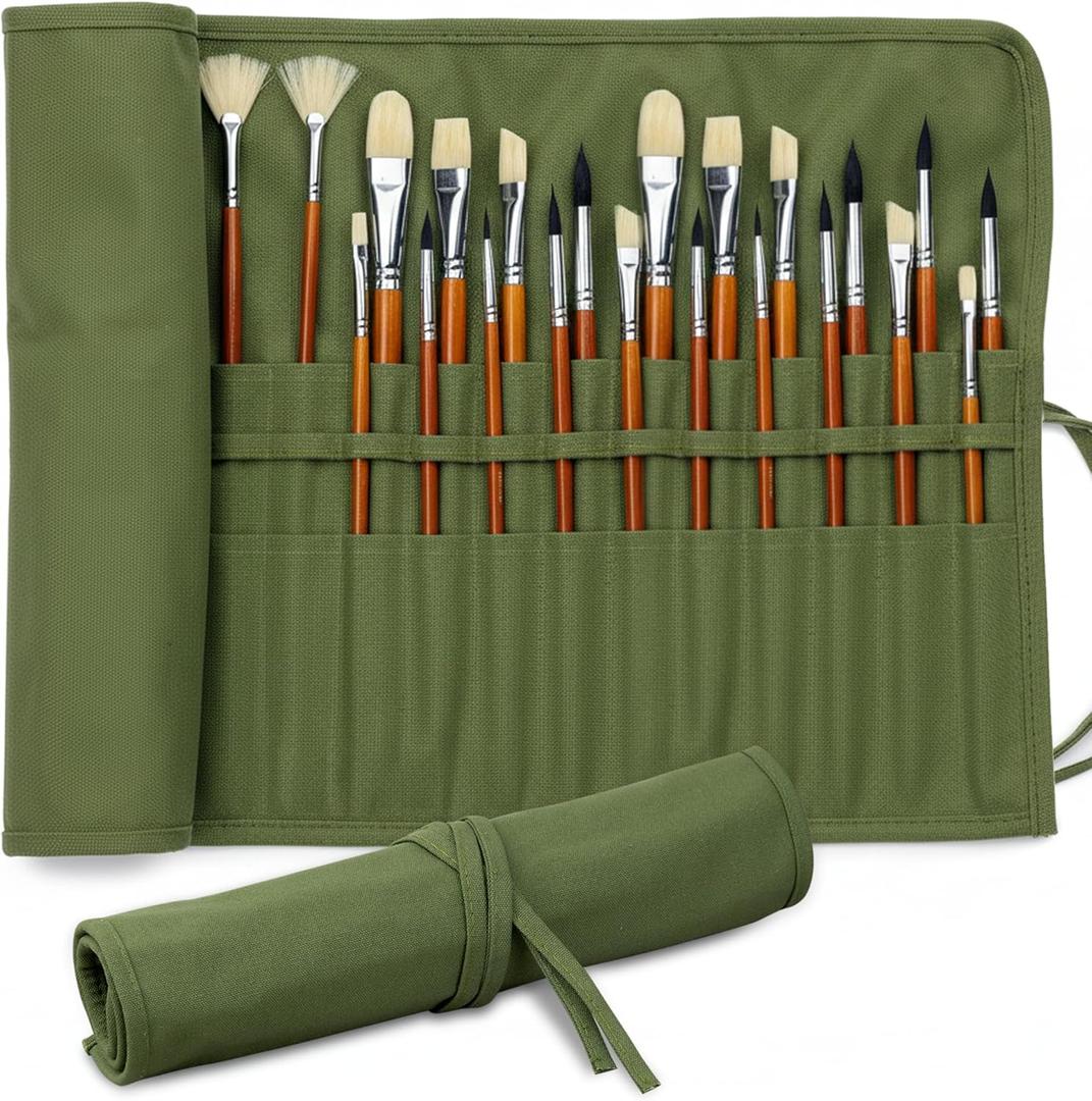 DUGATO 30-Slot Roll-Up Paint Brush Holder, Premium Canvas Brush Organizer for Artists, Washable Travel Brush Case for Watercolor, Acrylic, Pens & Art Supplies (Army Green) - Brushes not Included