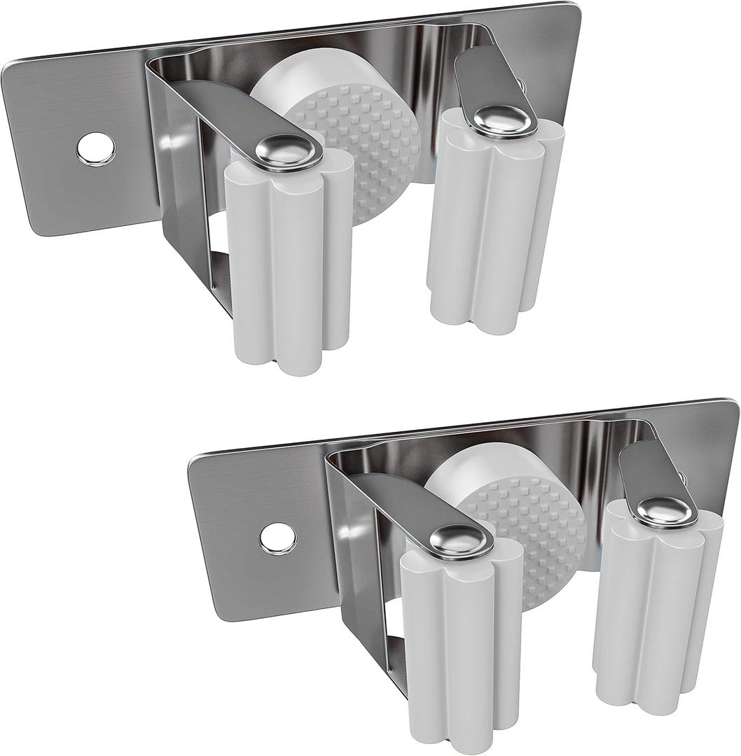 Self Adhesive Broom and Mop Holder Wall Mounted  SUS304 Stainless Steel 2-Slot Organizer with Anti-Slip Rubber Grips, 25lb Load, Adjustable for 0.61.4" Handles, Garage Kitchen Bathroom Use, 2 Pack