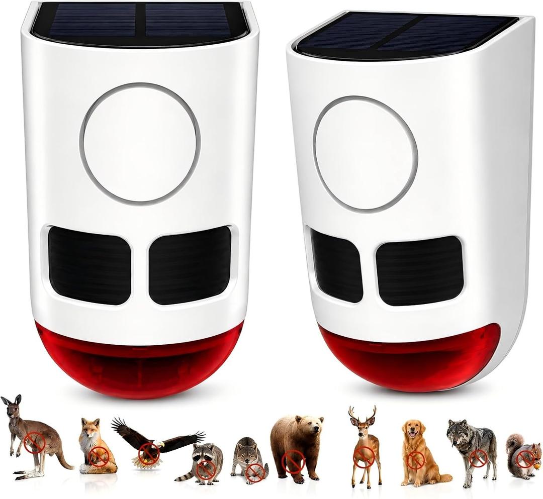 ChunHee Solar Motion Sensor Alarm Outdoor 4 Working Mode Dog Barking Motion Activated Alarm 129dB Loud Sound Noise Maker IP65 Waterproof Motion Detector with Strobe Light for Yard Farm Garden, 2 Pack