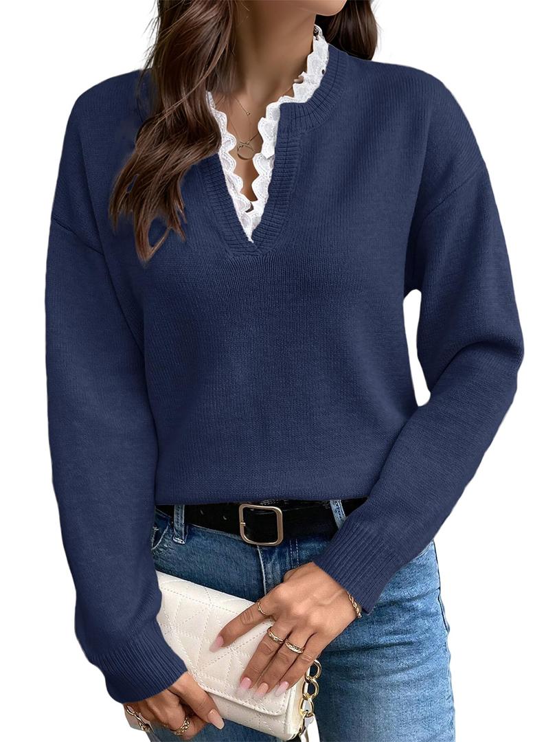 V Neck Sweaters for Women, Long Sleeve Lace Trim Knit Sweater Fall Casual Lightweight Pullover Top Navyblue