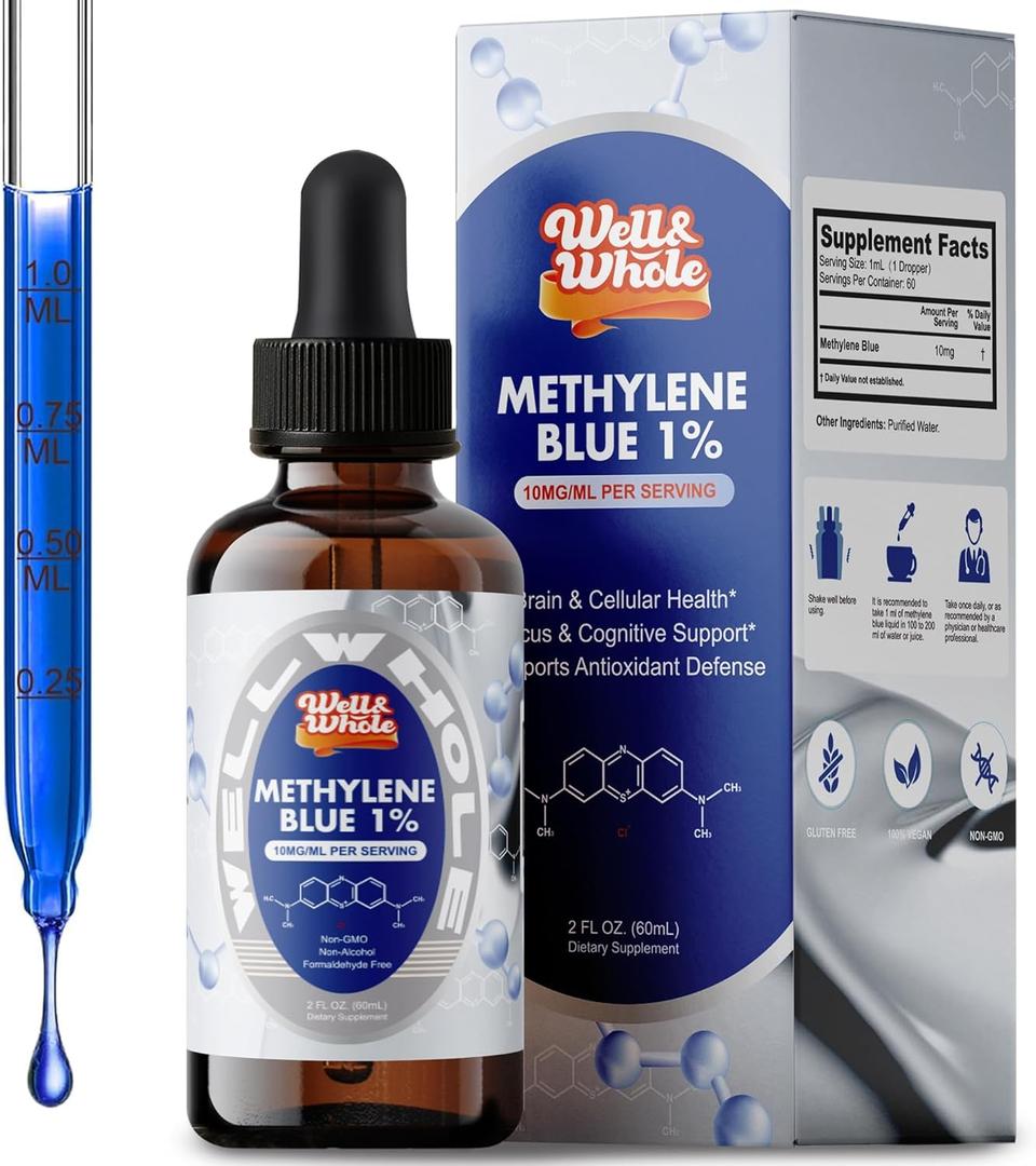 Methylene Blue Liquid Drops for Humans - Brain & Cognitive Support, Mitochondrial Health Supplement, Formaldehyde & Alcohol-Free Formula, 2 Fl Oz (60 mL) By 05/06/2027