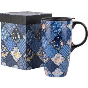 Topadornn oz Ceramic Travel Mug with Lid, Toile de Jouy Floral Coffee Mug, Blue White Botanical Latte Cup, Microwave & Dishwasher Safe