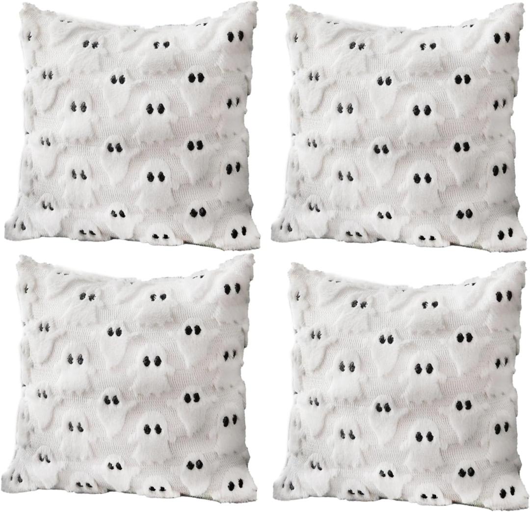 4 Pcs Halloween Throw Pillow Covers 18x18, Soft Faux Fur Pillow Cases Decorations, Fluffy Plush Accent Couch Cushion Case for Halloween Chair Sofa Bedroom Living Room Home Decor(Ghost A)