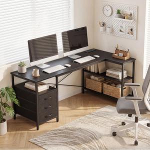 Alpen Computer Desk with Drawers, L Shaped Desk for Bedroom with Power Outlets, Gaming Table with 3 Drawers and Shelves, Corner Desk for Gaming, Study Writing PC Table, 47 Inch, Black