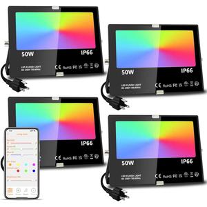 MELPO LED Flood Light Outdoor, 500W Equivalent 5000LM Smart RGB Landscape Lighting with APP Control, DIY Scenes - Timing - Warm White 2700K - Color Changing Uplight, IP66 Waterproof US Plug (4 Pack)