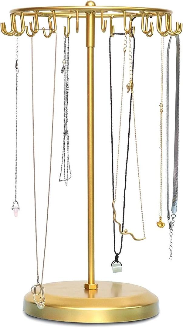 Rotating Necklace Holder Jewelry Display Stand Bracelet Organizer Hanging Tower Rack with 23 Hooks and Round Base Jewelries Collection 17.8inch Gold