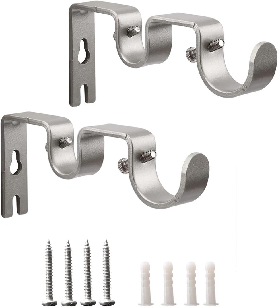 Double Curtain Rod Bracket,2 Pack Metal Curtain Rod Holders for Wall,Sturdy Curtain Rod Brackets for 1 Inch Curtain Rod,Silver Wall Mounted Curtain Rod Hooks for Bedroom Living Room Patio