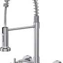 Wall Mount Kitchen Faucet, Hurran Brushed Nickel Kitchen Sink Faucet, 8 Inch 2 Handle Wall Mount Commercial Sink Faucet with Pull Down Sprayer for Kitchen Laundry Room Restaurant