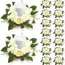 Jutom 12Pcs Wedding White Rose Candle Rings 3.94'' Inner Diameter Artificial Floral Wreaths with Green Leaves Floral Rings for Centerpieces for Pillar Candleholders Wedding Centerpiece Table Decor