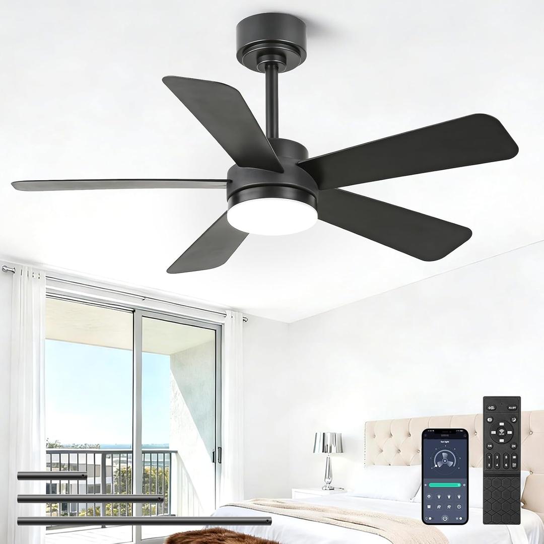 YYEHON 42 inch Ceiling Fans with Lights,Black Ceiling Fan with Light and Remote Control, Reversible, 3CCT, Dimmable, Noiseless, Small Ceiling Fan for Bedroom, Farmhouse, Indoor/Outdoor Use