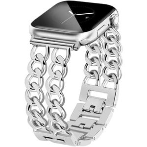 JR.DM Silver Watch Bands for Women Compatible with Apple Watch Band 38mm 40mm 41mm 42mm (S10) Adjustable Metal Band Cowboy Steel Chain Bracelet for iWatch Series1/2/3/4/5/6/7/8/9/10/SE (No Case)