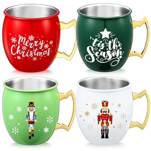 Seematn 4 Pcs Christmas Mug Nutcracker Moscow Mule Mug 16 oz Christmas Coffee Mugs Holiday Xmas Drinkware Housewarming Gifts for Xmas Tea Cocoa Hot Drinks (Red, White, Green)